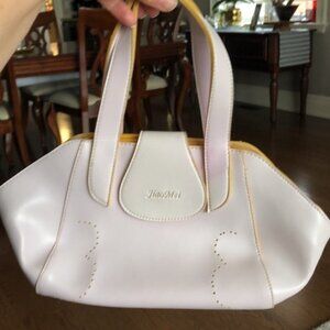 Pale Pink Bowling Bag Purse With Yellow Piping